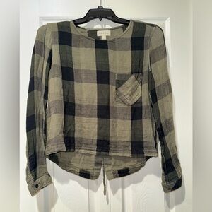 Cloth & Stone plaid olive and black lace up back semi cropped top. Size M GUC